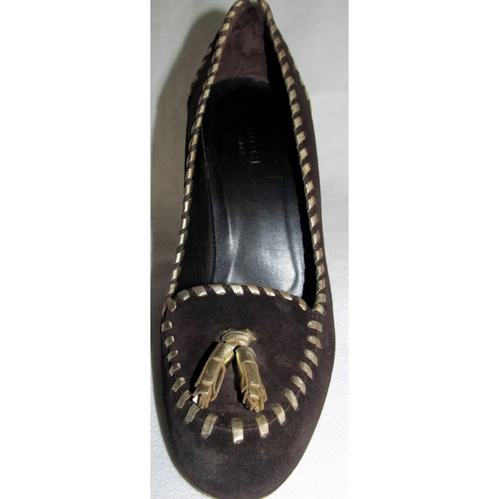 GUCCI Brown Suede Tassel Loafer Gold Stitch Heel Pumps Shoes Womens Size 6B 6 B - Picture 7 of 15